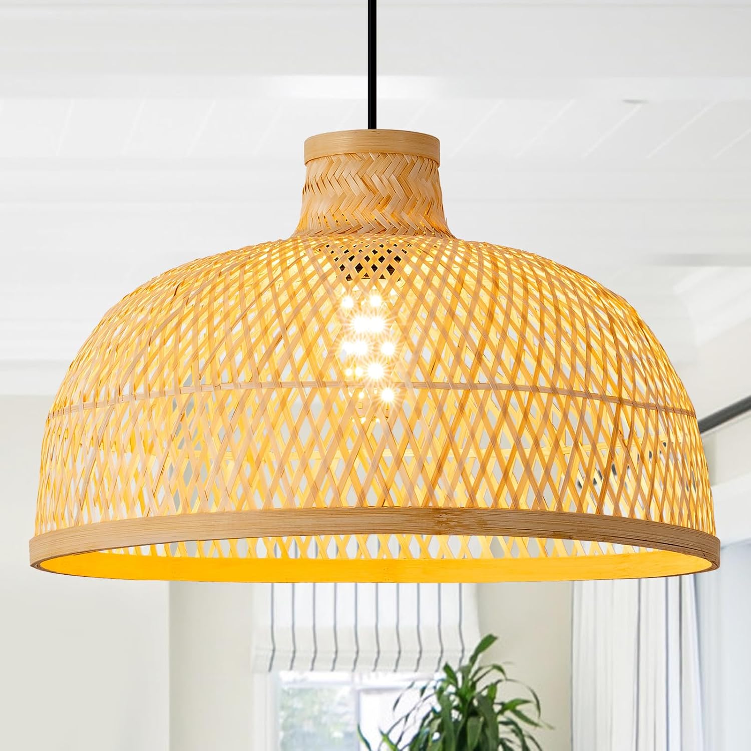 15.75in Bamboo Pendant Light Hand-Woven Rattan Lighting Fixture, Boho Hanging Dome Wicker Lights Chandelier for Dining Room Kitchen Island Lobby Restaurant Hallway Bedroom D15.8in