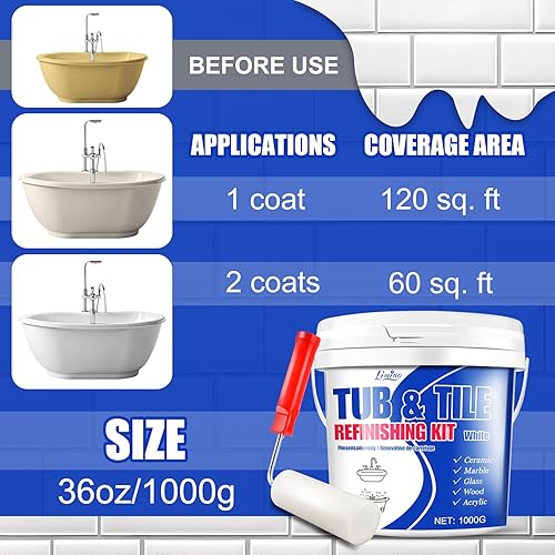 Miniatura 6 de Kit de reacabado de bañera y azulejos, pintura blanca semibrillante de 35 onzas con herramientas para bañera, fregadero y encimera para baño,