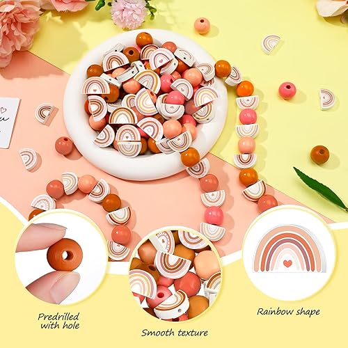 Miniatura 5 de 200 cuentas de madera con estampado de arco iris, cuentas de madera rústicas de granja, cuentas redondas naturales hechas a mano, cuentas