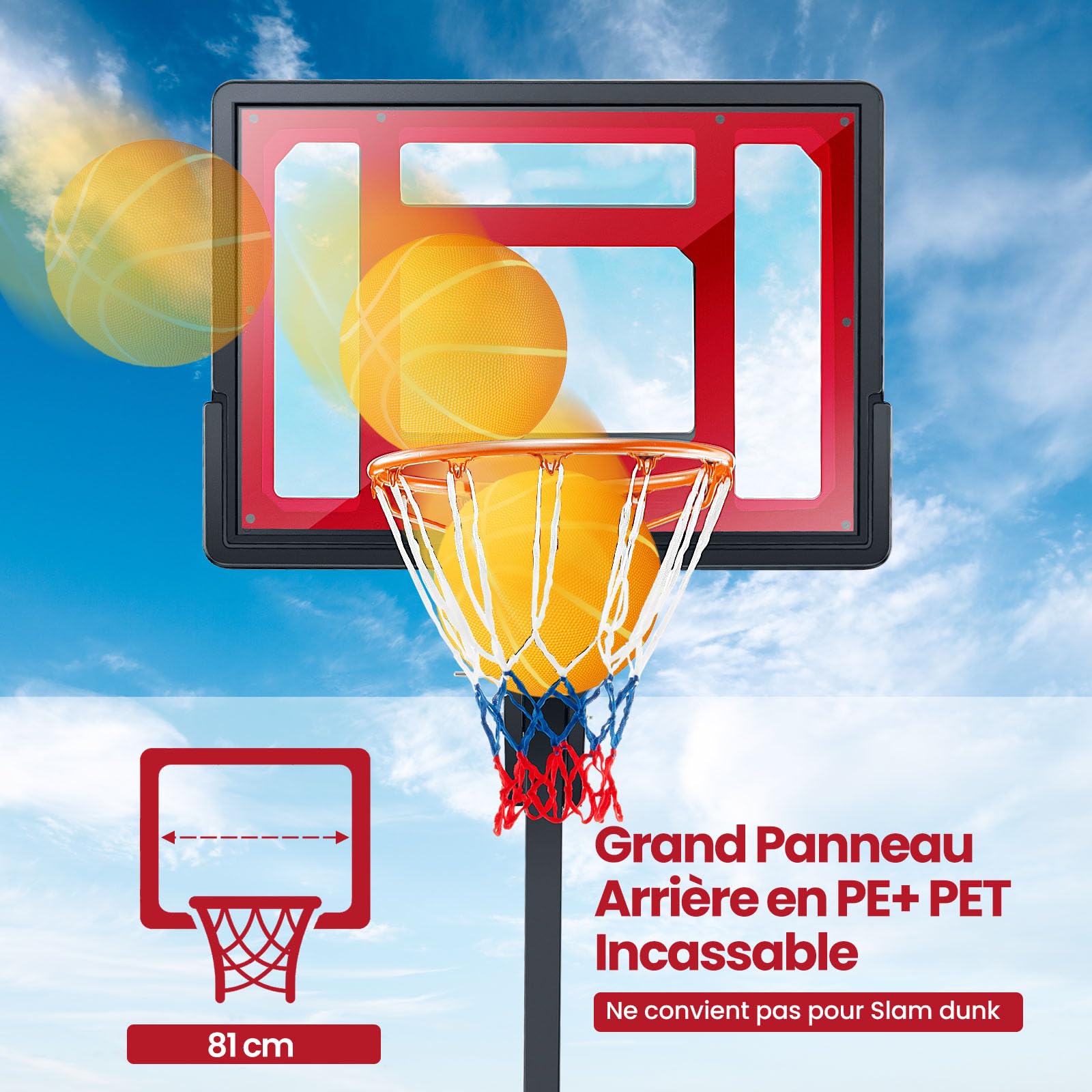 GYMAX Panier Basket Extérieur pour Adultes Enfants, Hauteur 105-260cm, Ballon & Pompe & Sac de Poids Fournis, Base Remplissable, Mobile avec Roues, Panneau Incassable