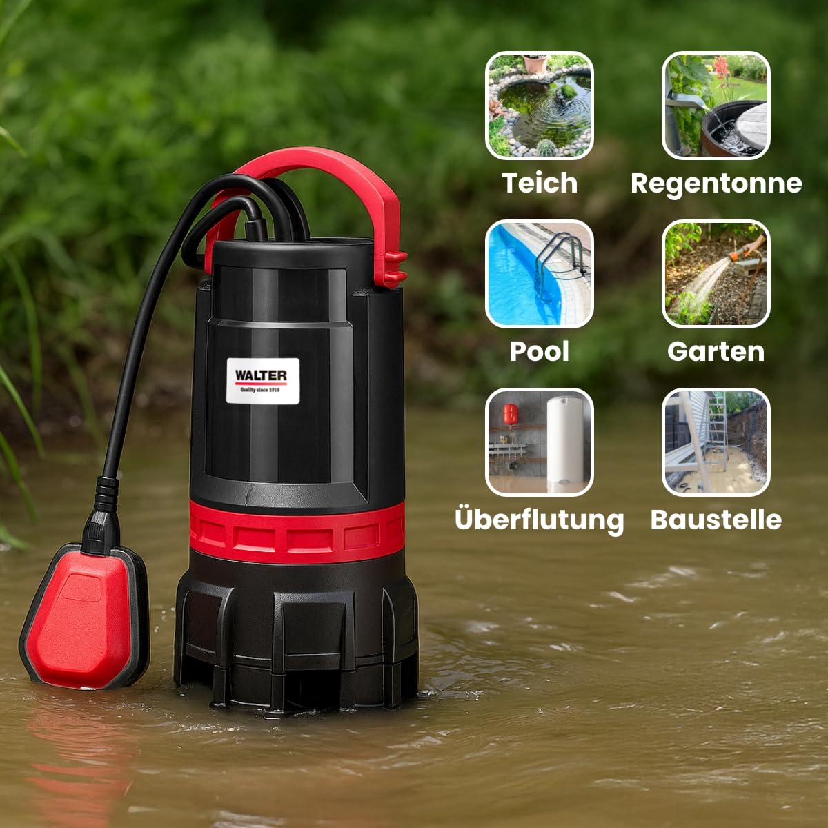 WALTER 2-in-1 Schmutz- und Klarwasserpumpe | 750 W, 16.500 l/h Fördermenge, max. Förderhöhe 9 m, universeller Anschluss, Tauchpumpe für Keller, Teich und Baustelle, Tauchpumpe Schmutzwasser Abpumpen