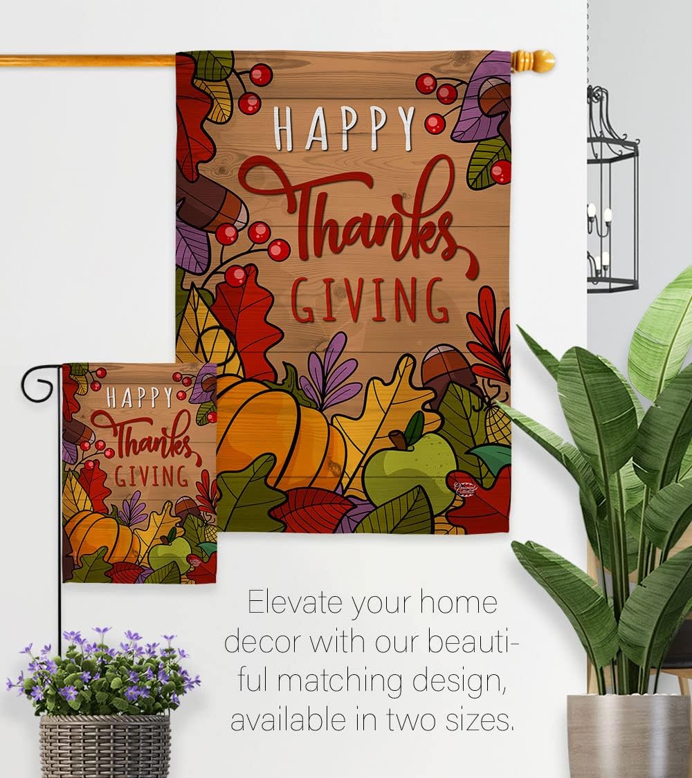 Happy Thanks Garden Flag Set Wall Holder Fall Thanksgiving Turkey Give Gobble Pumpkin Season Autumntime Cornucopia House Banner Small Yard Gift Double-Sided, Made in USA