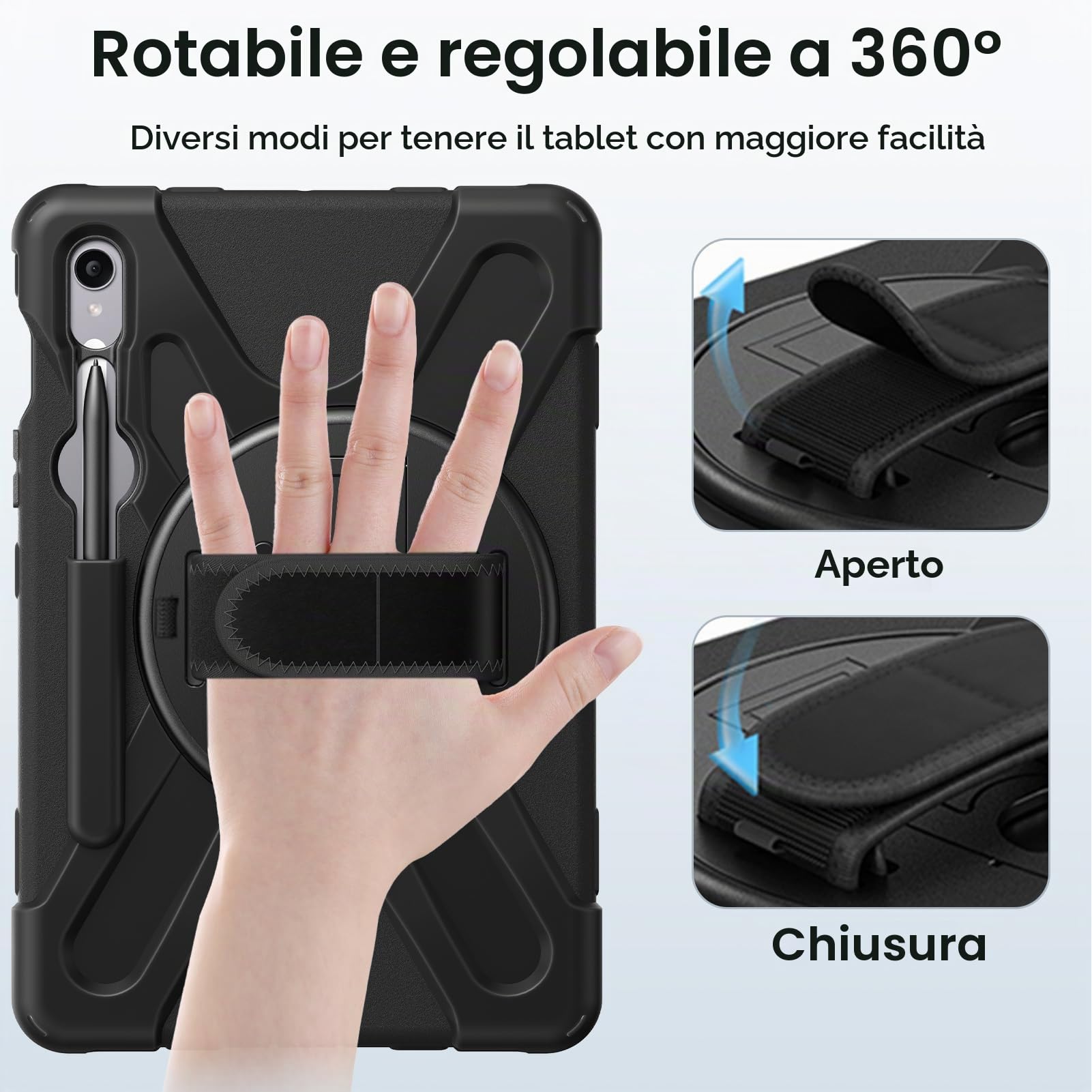 Gerutek Cover per Samsung Galaxy Tab S10 Lite/S10 FE/S9 FE/S9/S8/S7 (10.9/11 Pollici) con Protezione per lo Schermo, Supporto Cavalletto 360°/Cinghia a Mano/Spalla/Portapenne per Tab S10 Lite, Nero