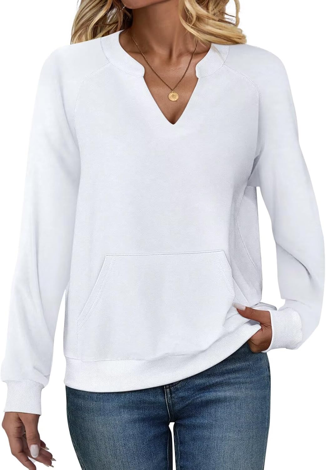 EADINVE Womens V Neck Sweatshirts with Pockets Fleece Pullover Casual Loose Fit Long Sleeve Tops Fall Clothes 2025