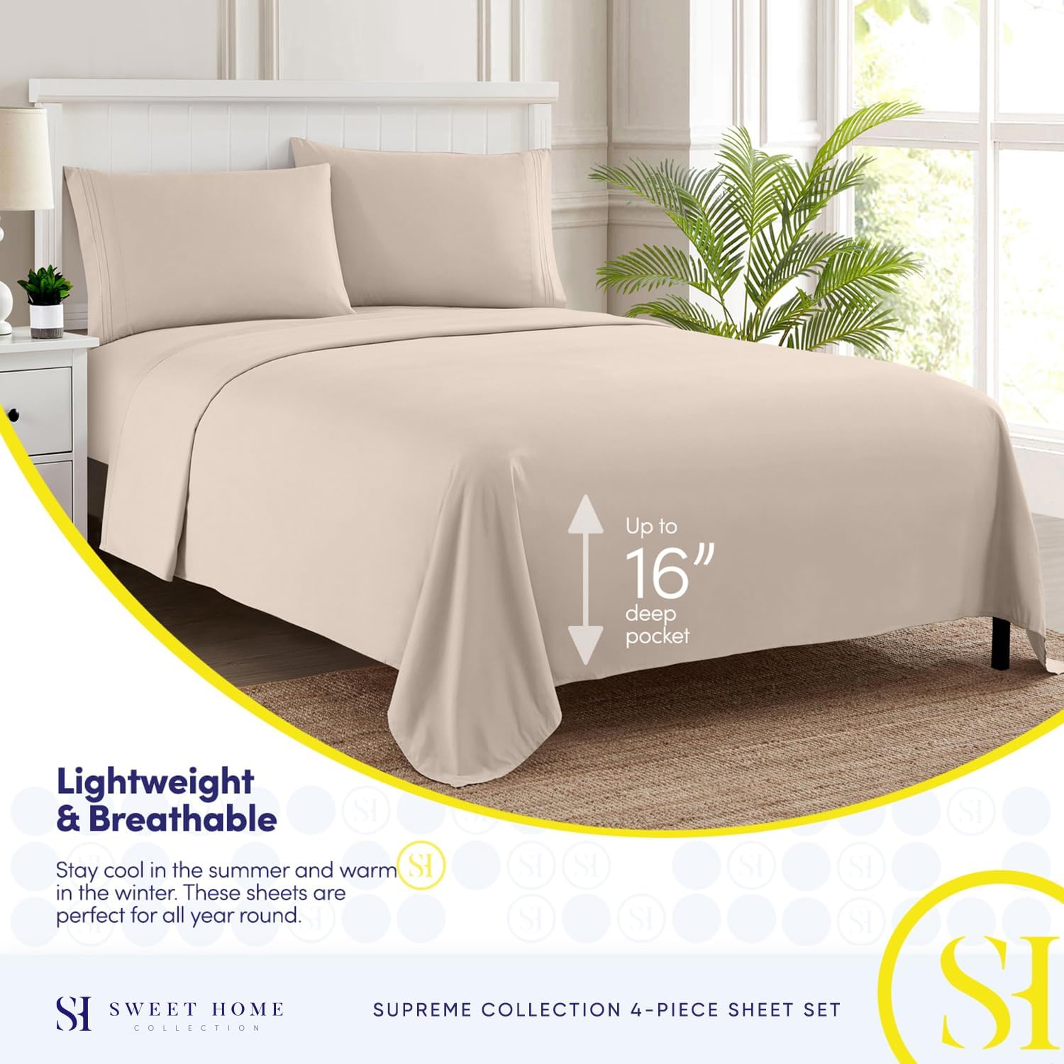 RV Queen Bed Sheets - Breathable Luxury Sheets with Full Elastic & Secure Corner Straps Built In - 1800 Supreme Collection Extra Soft Deep Pocket Bedding Set, Sheet Set, RV Short Queen, Beige