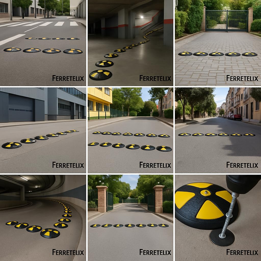 Ferretelix® Reductor de Velocidad Lenticular (6 piezas) – Ø 22 cm x 4 cm Alto + Tornillo y Taco