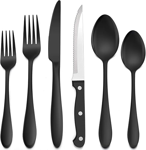 LIANYU Juego de cubiertos negros de 36 piezas con cuchillos para carne, cubiertos de acero inoxidable para 6, utensilios de cocina, acabado espejo,