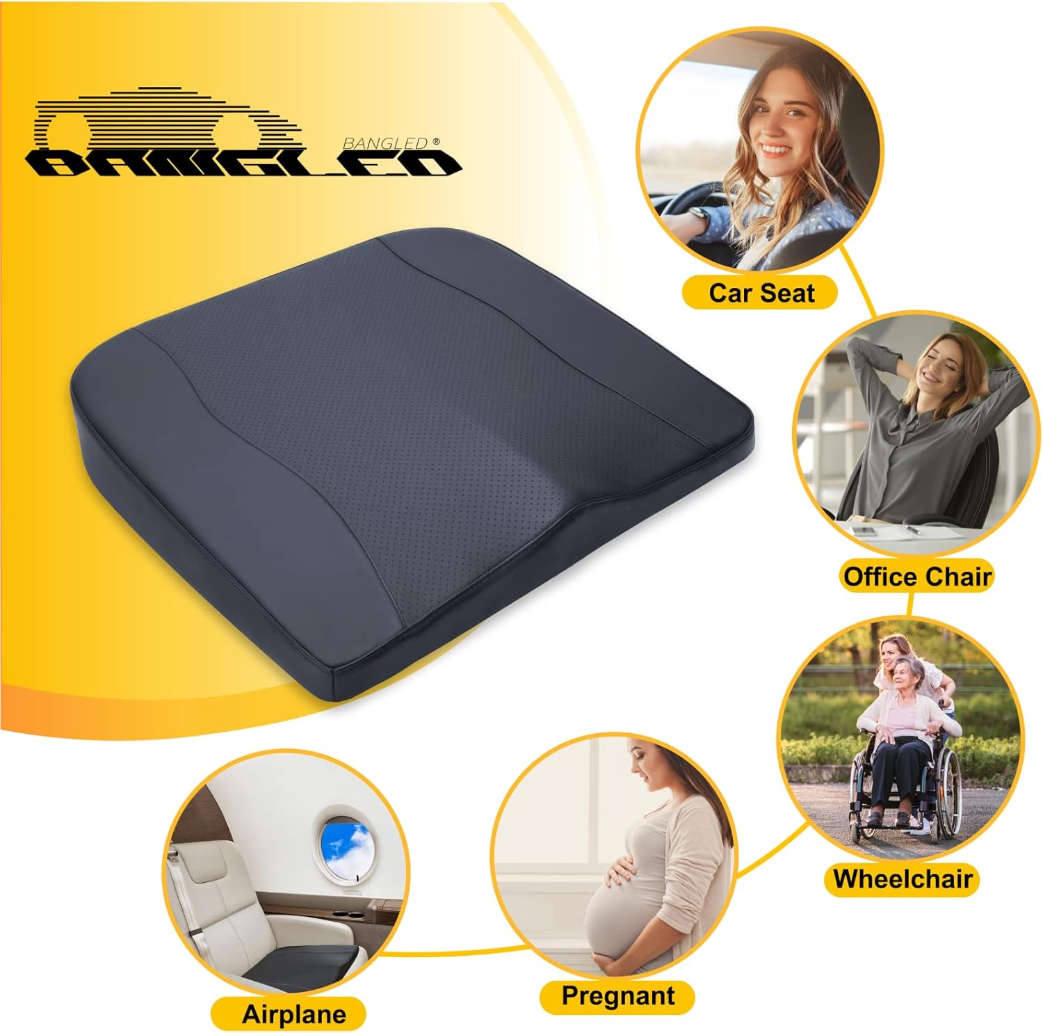 Car Seat Cushion, Memory Foam Driver Seat Cushion for Sciatica & Lower Back Pain Relief, Seat Cushion for Car, Truck, Office Chair (Black)