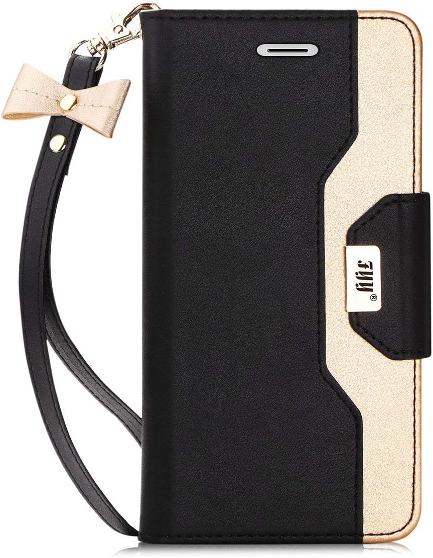 FYY Case for iPhone SE, Premium PU Leather Wallet Case with Cosmetic Mirror and Bow-Knot Strap for Apple iPhone SE (1st gen - 2016) /5S/5 Black