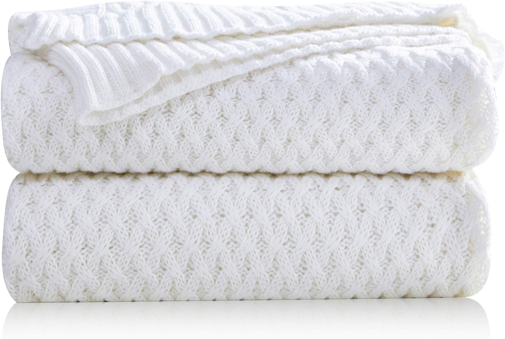 Pumpkin Town White 100% Cotton Cable Knit Winter Christmas Throw Blanket for Soft Sofa, Chair, Couch, Picnic, Camping, Beach, Home Decorative Knitted Blanket, 50"x 60"