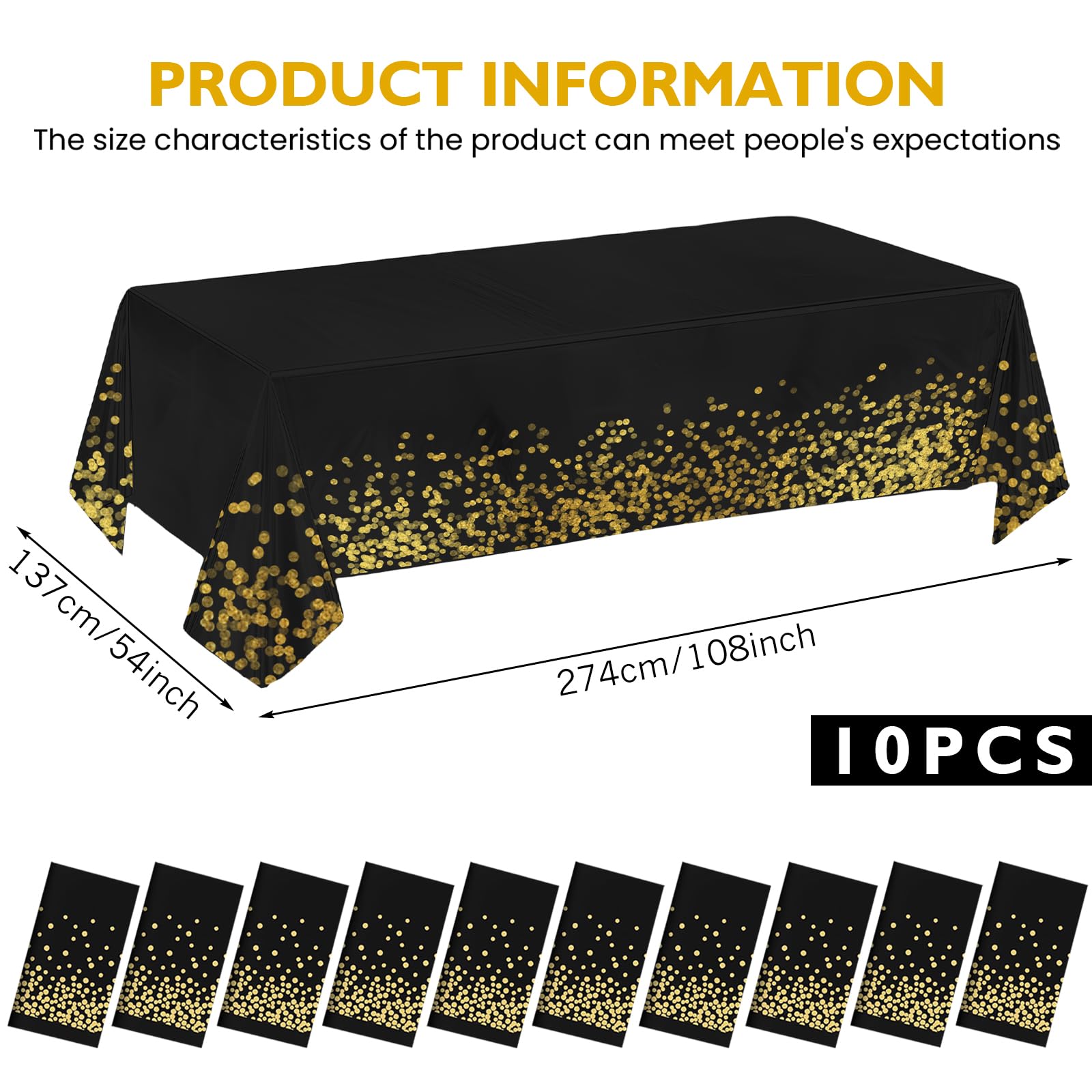 10 manteles de fiesta en negro y dorado, impermeable, rollo de papel, mantel de fiesta, mantel rectangular adecuado para decoración de cumpleaños, bodas, 137 x 274 cm, negro