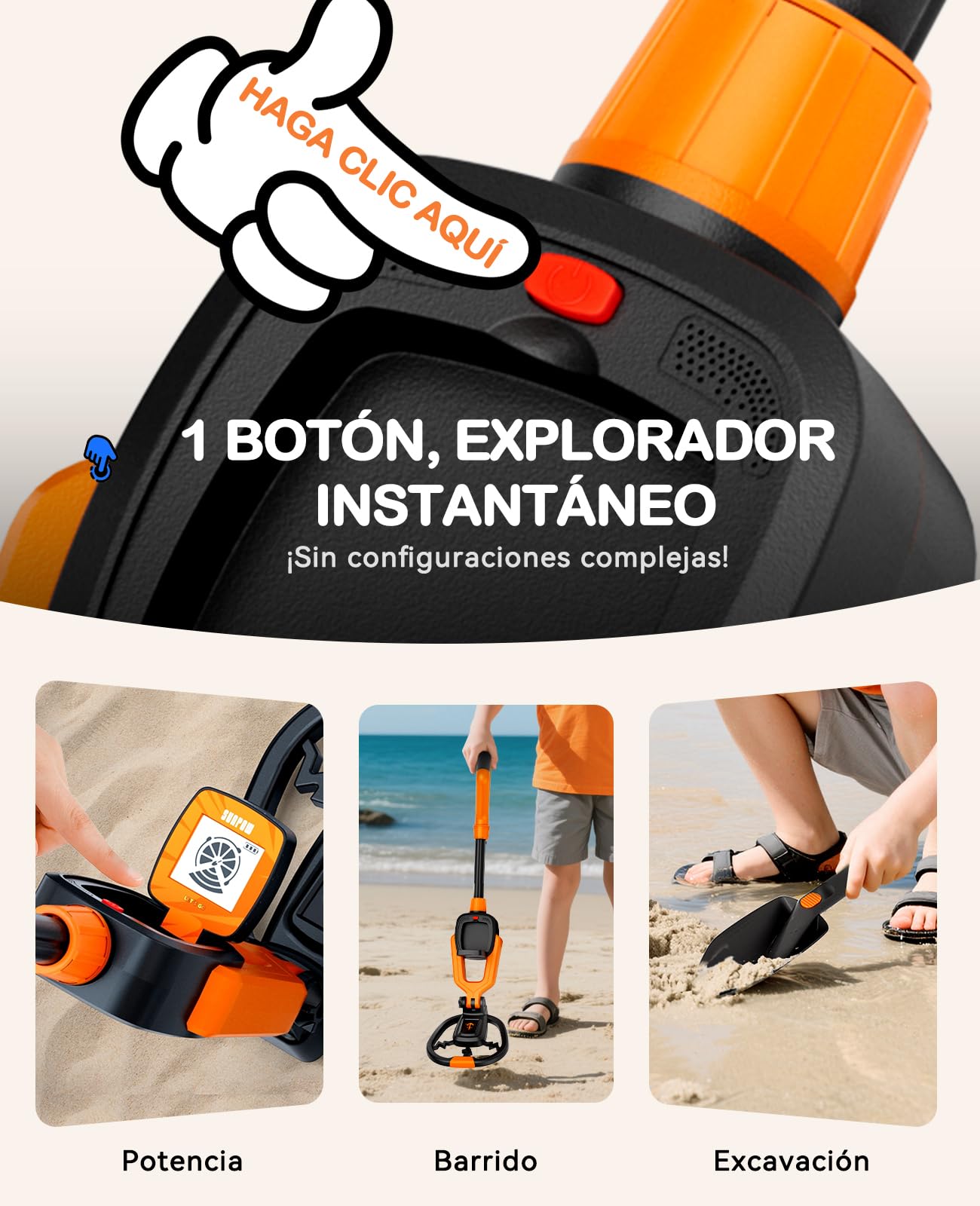 SUNPOW Detector de Metales para Niños,Vástago Ajustable (60-70 cm) | Kit Incluye Pala, Rastrillo y Bolsa - Regalo Ideal para Niños y Niñas de 6 a 12