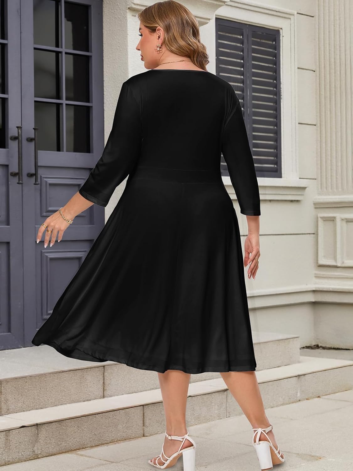 Plus Size Dress for Women - 3/4 Sleeve A-Line V-Neck Swing Flowy Casual Midi Dresses with Pockets - Image 3