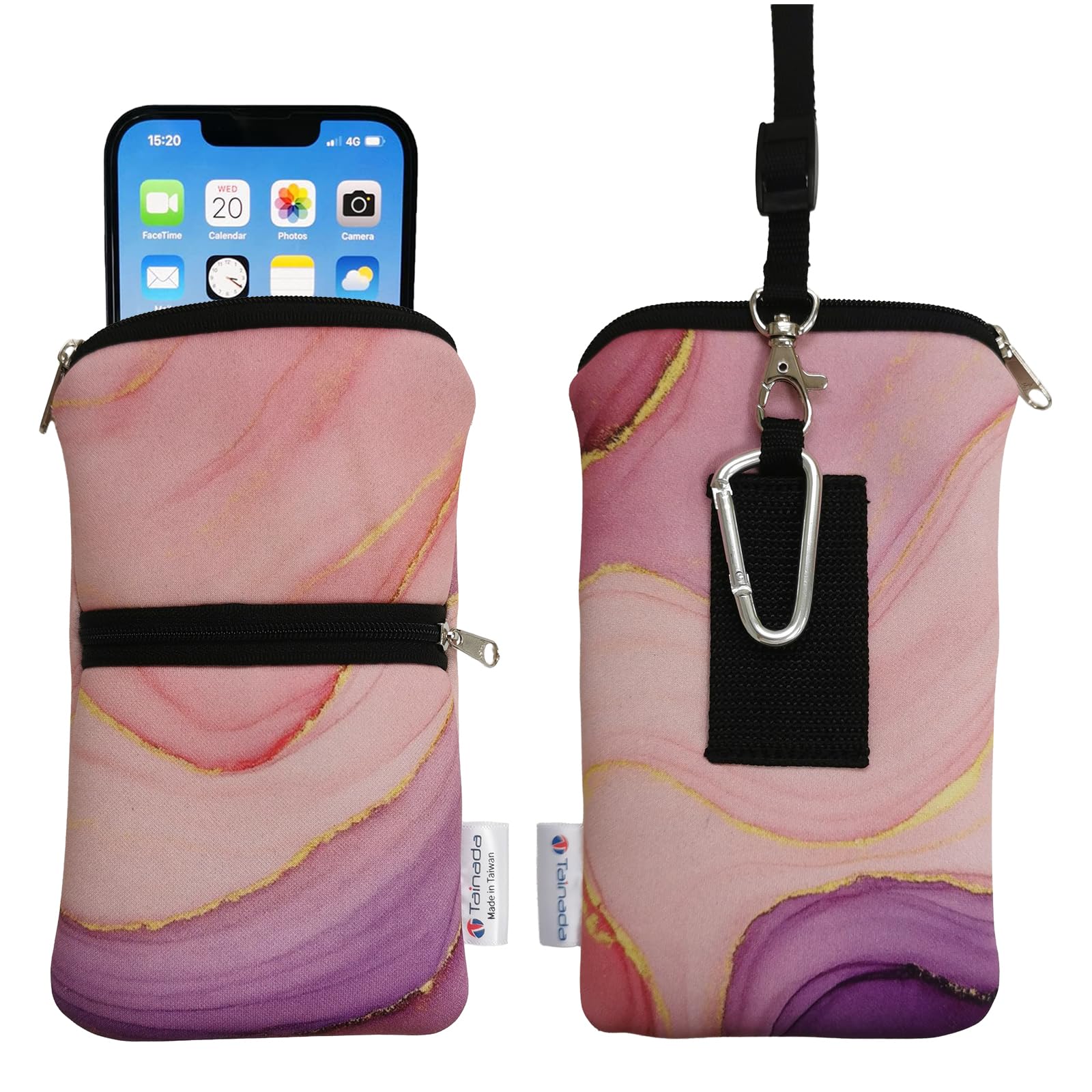 Tainada Dual Zipper Neck Cell Phone Pocket Pouch w/Belt Loop (Marble Pink) | For Men/Women; Water-resistant neoprene material, shockproof, lightweight, w/carabiner; Compatible with most of smartphones