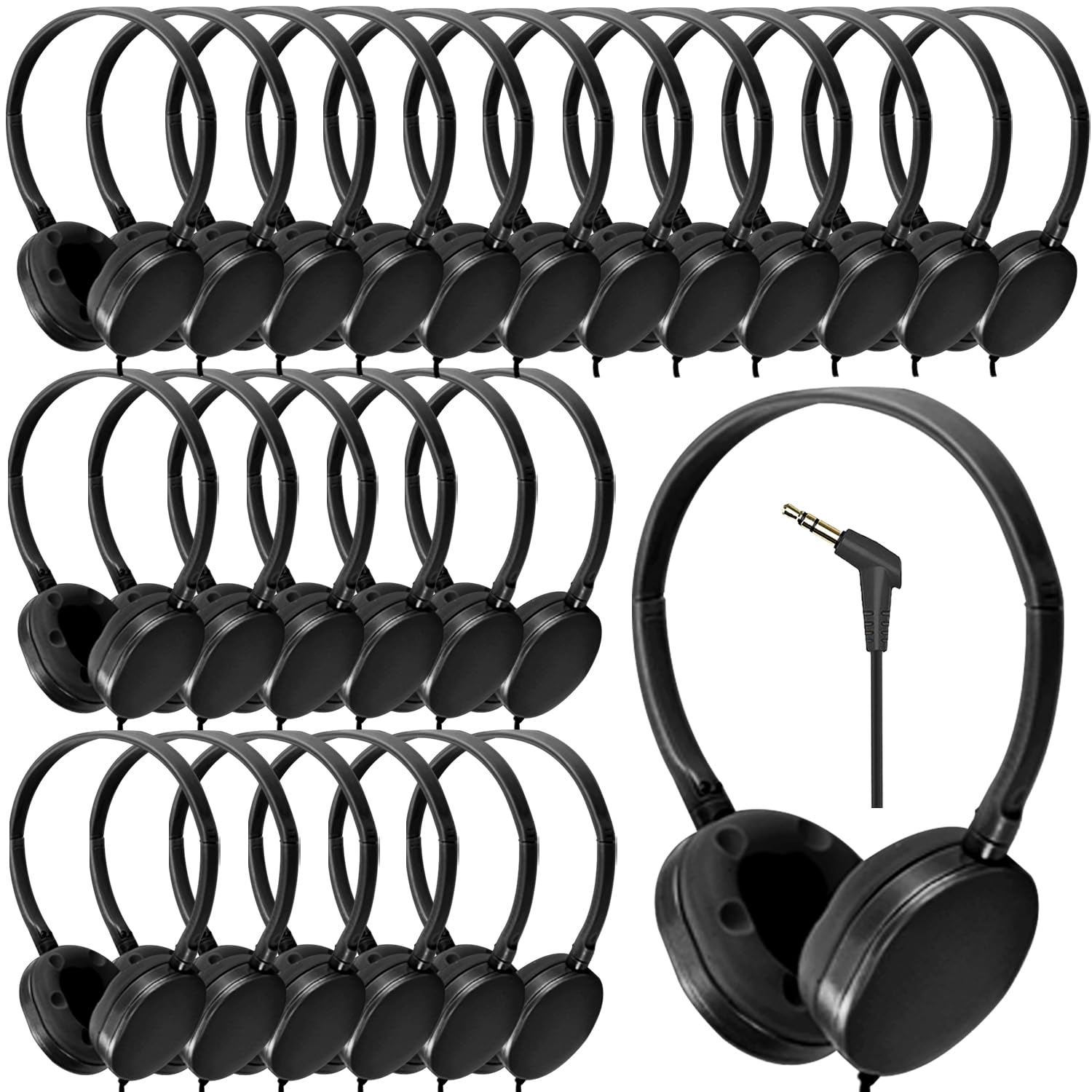 Wholeslae - Juego de 25 auriculares a granel para el aula escolar, auriculares duraderos con cable para estudiantes, niños, adolescentes, niños y adultos (HY104, negro)