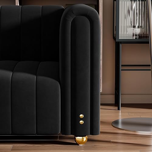 Miniatura 5 de Sofá de terciopelo negro de 81.3 pulgadas con patas de bola de metal dorado, moderno sofá de 3 plazas de gran tamaño de mediados de siglo, cómodos