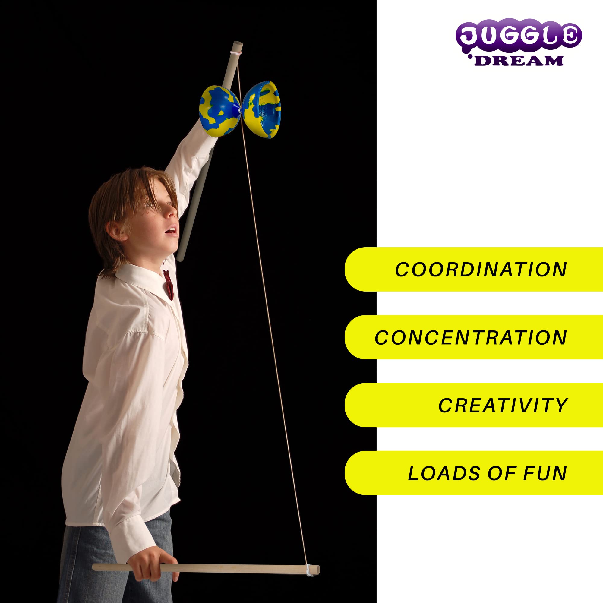 Juggle Dream Jester Diábolo Set para Malabares - Diábolo con Eje Fijo con Palos de Madera y Vídeo de Aprendizaje en Línea (Multicolor)