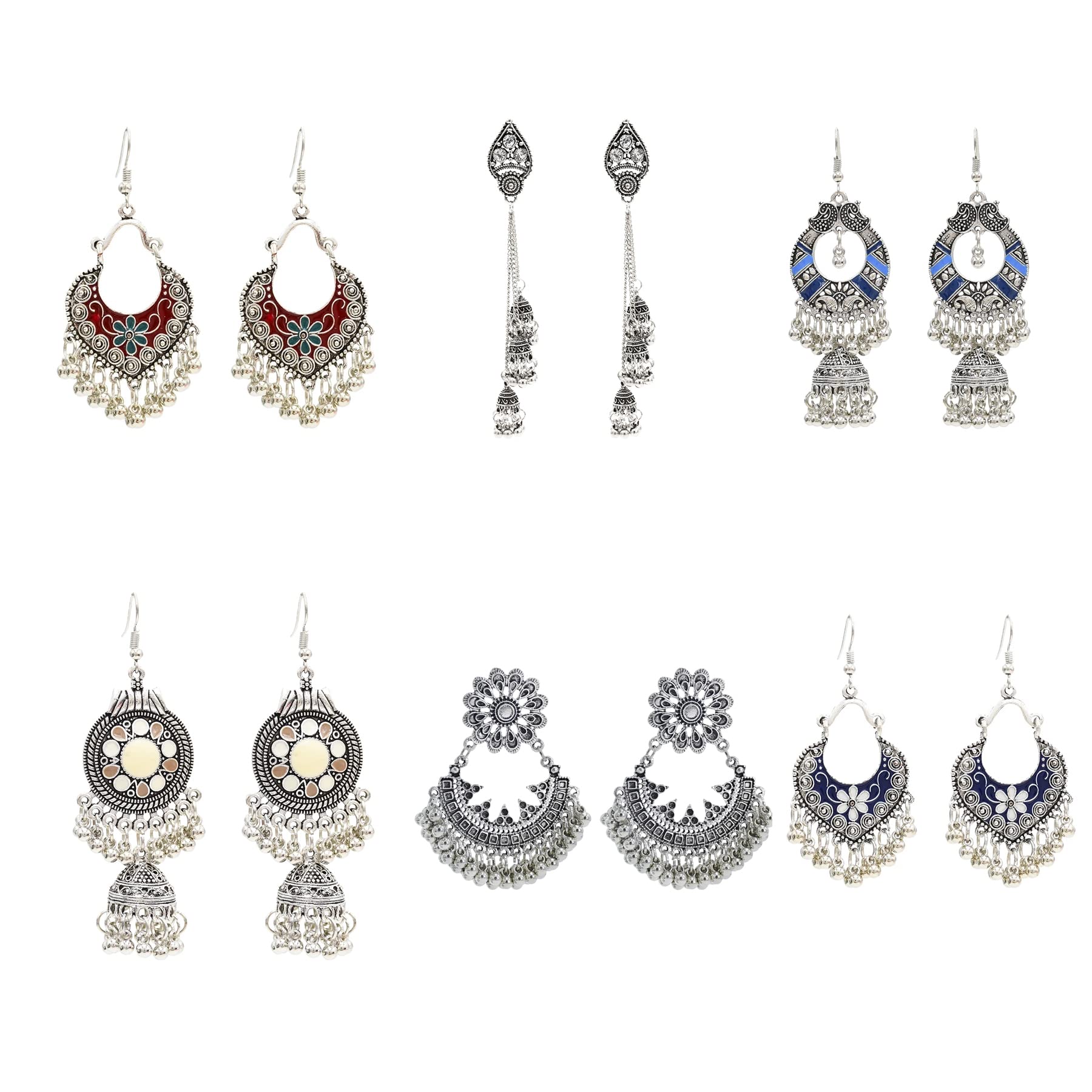 6 Pairs Indian Jhumka Jhumki Ethnic Dangle Earring Sets for Women Vintage Silver Gold Long Tassel Bell Drop Earrings Boho Jewelry