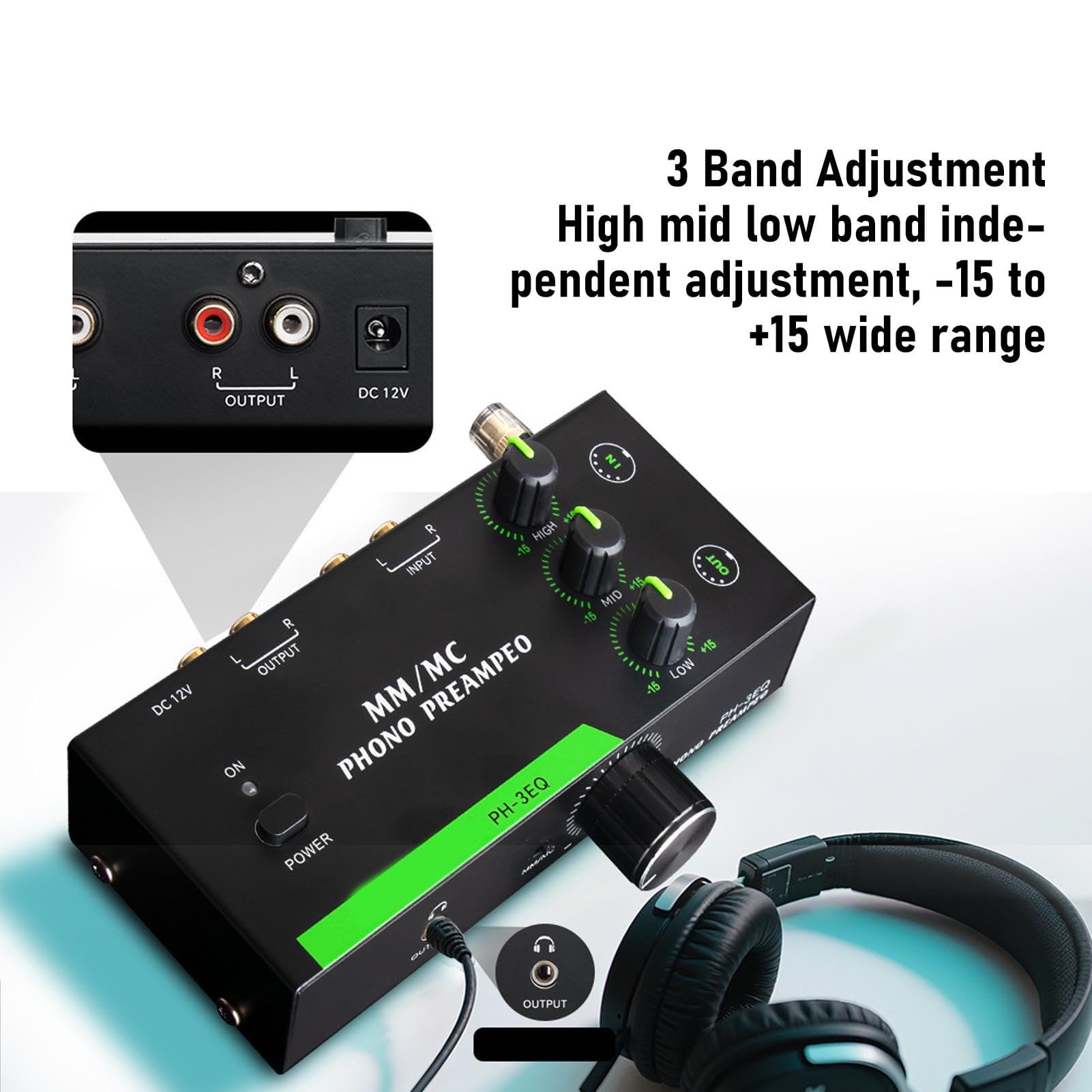 Préampli Phono avec réglage 3 Bandes, amplificateur Phono MM MC pour Tourne-Disque, entrée Sortie XLR préamplificateur pour Platine Vinyle pour système Audio Domestique Audiophile