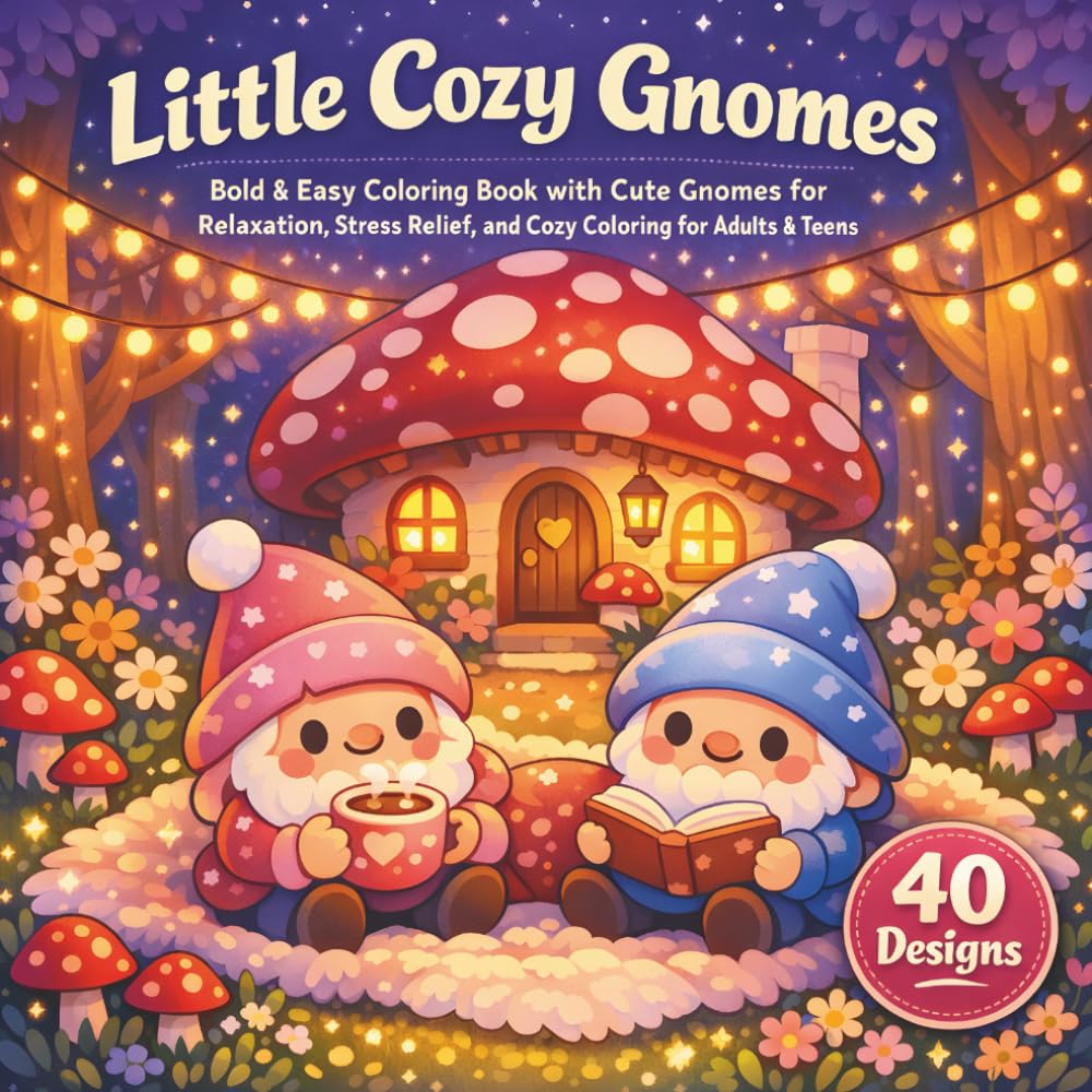 Little Cozy Gnomes: Bold & Easy Coloring Book with Cute Gnomes for Relaxation, Stress Relief, and Cozy Coloring for Adults & Teens