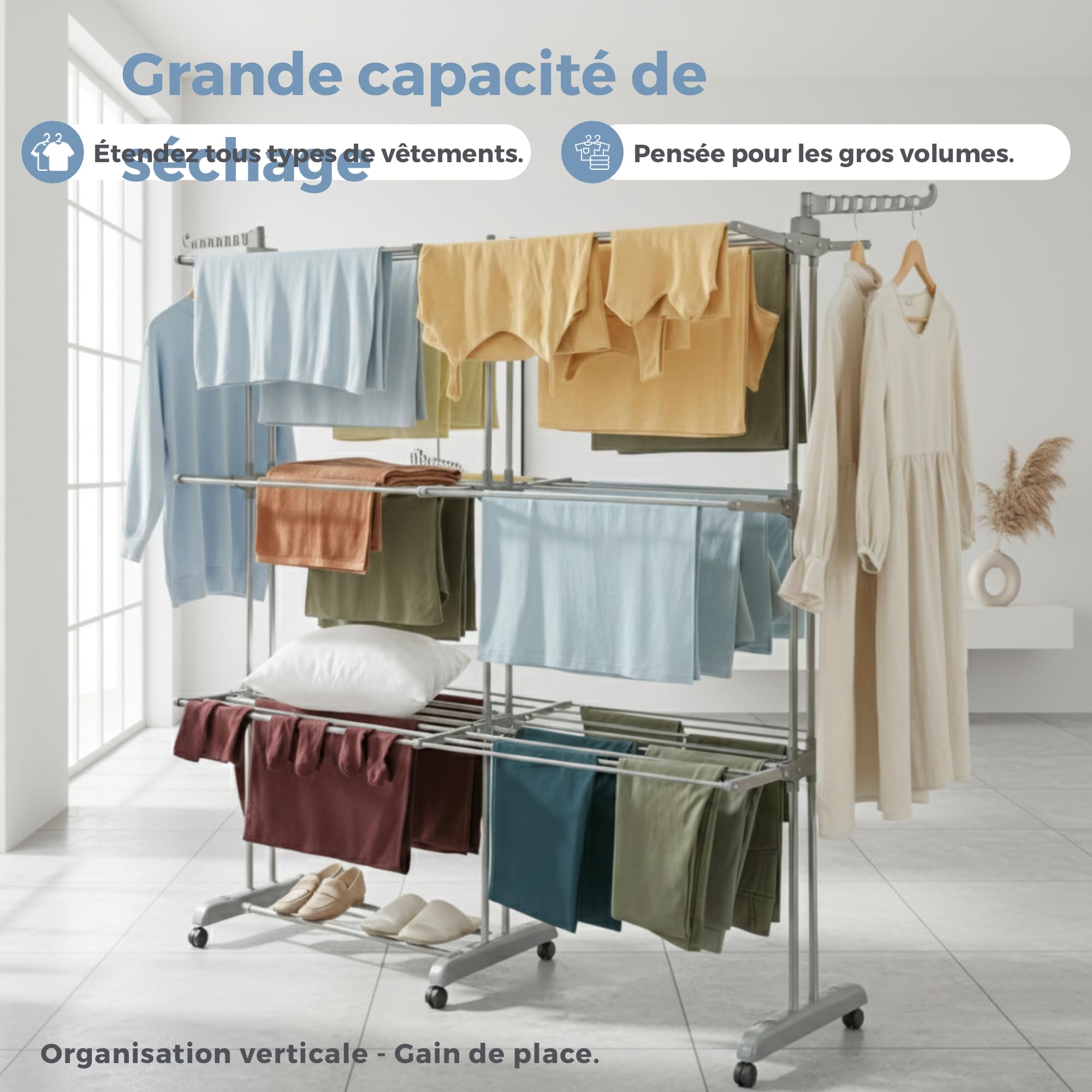 MELTA. Étendoir à Linge 4 Niveaux Extensible avec roulettes – Séchoir Pliable Grande Capacité 35 kg – Mobile, Verrouillable, pour Intérieur & Extérieur – Acier Renforcé – Gris