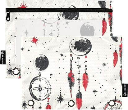 2 pack Dream Catcherstar Red and Black pencil pouches for 3 Rings multifunctional Binder pencil pouches with Zipper Pulls for Office Organizers
