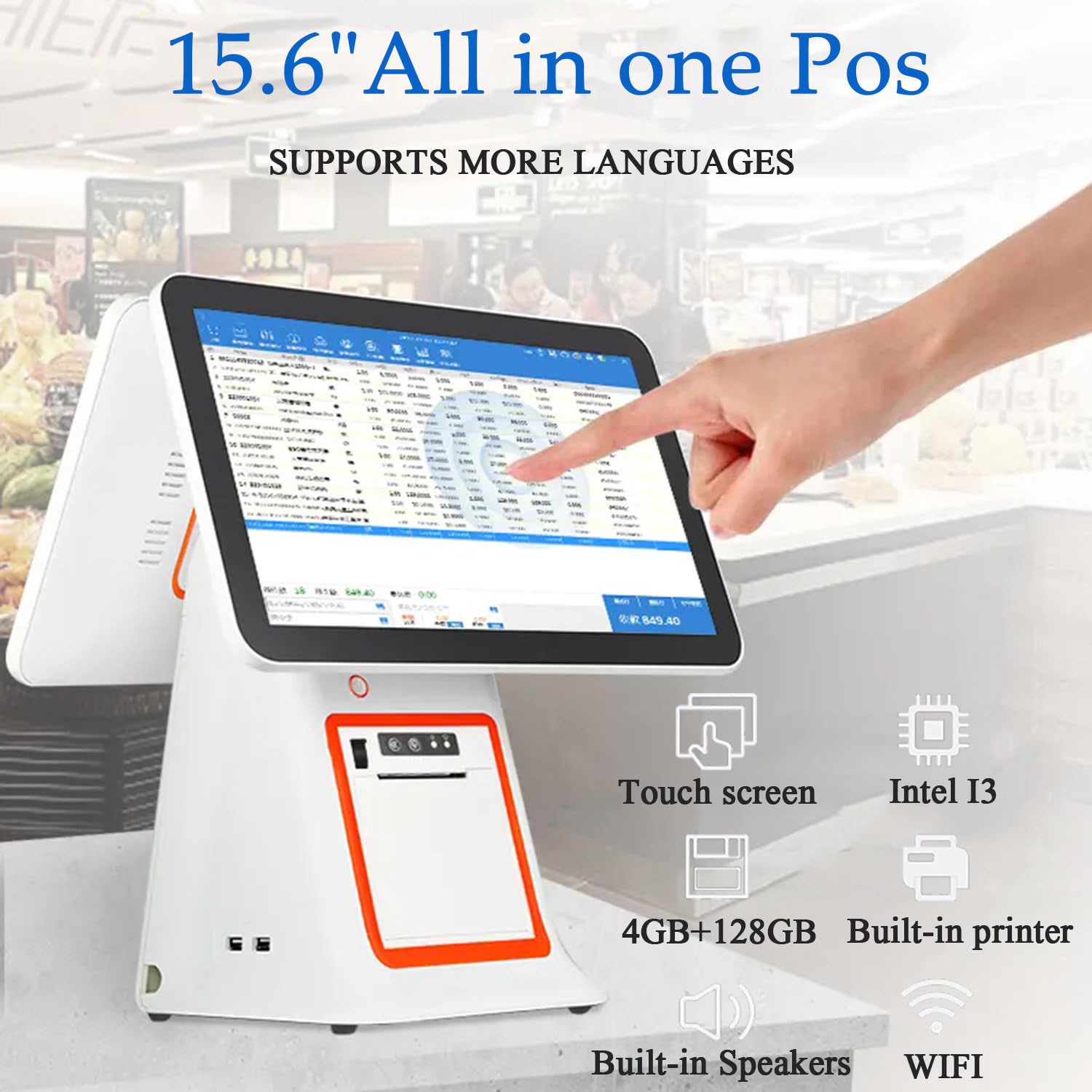 Caisse Enregistreuse à écran Tactile Double écran, Systèmes de Point de Vente PC à écran Tactile de 15.6 Pouces, pour la Vente au Détail, la Restauration, l'hôtellerie,White