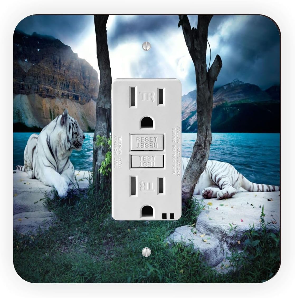 Art Scene White Tigers Together -Light Switch Plate Cover - Double GFI Double Rocker - Two Gang Switch Plate Cover Switch Plate Cover