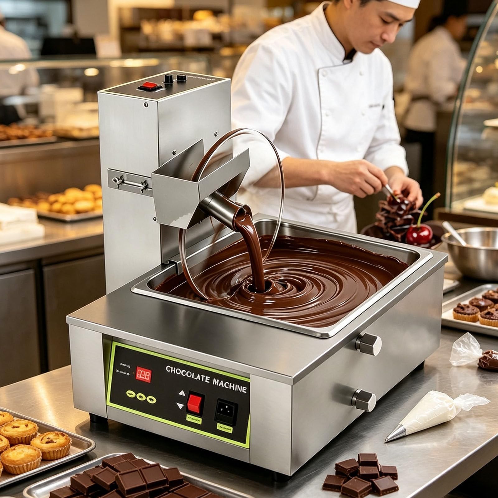 Tempéreuse à chocolat professionnelle en acier inoxydable avec roue mélangeuse–Contrôle précis de la température (0-95°C),puissance 500W/1000W,vitesse réglable (38-55tr/min)–Pour boulangeries 8kg