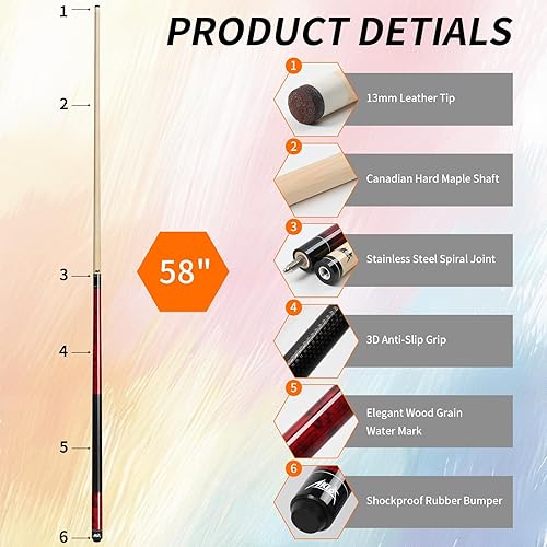 Miniatura 2 de AKLOT Pool Cue Sticks, 58"/42" Canadian Maple Professional Billiard Sticks, Taco De Billar Super Straightened Up 2-Piece Queue for Home, Pool Cues