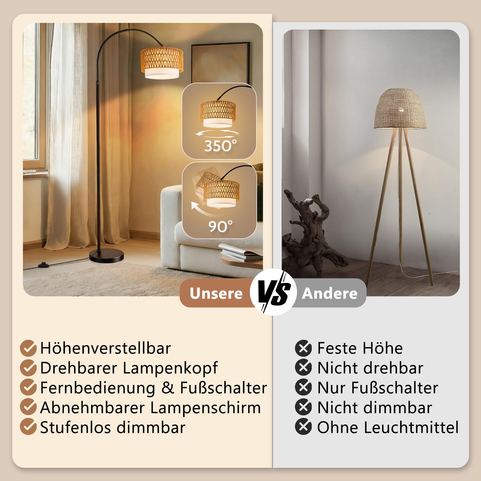 Boho Stehlampe Wohnzimmer Stehleuchte Rattan Bogenlampe Schwarz | Vintage Bogenleuchte Standlampe Bogen Wohnzimmerlampe stehend mit Fernbedienung Leselampe für Schlafzimmer Büro