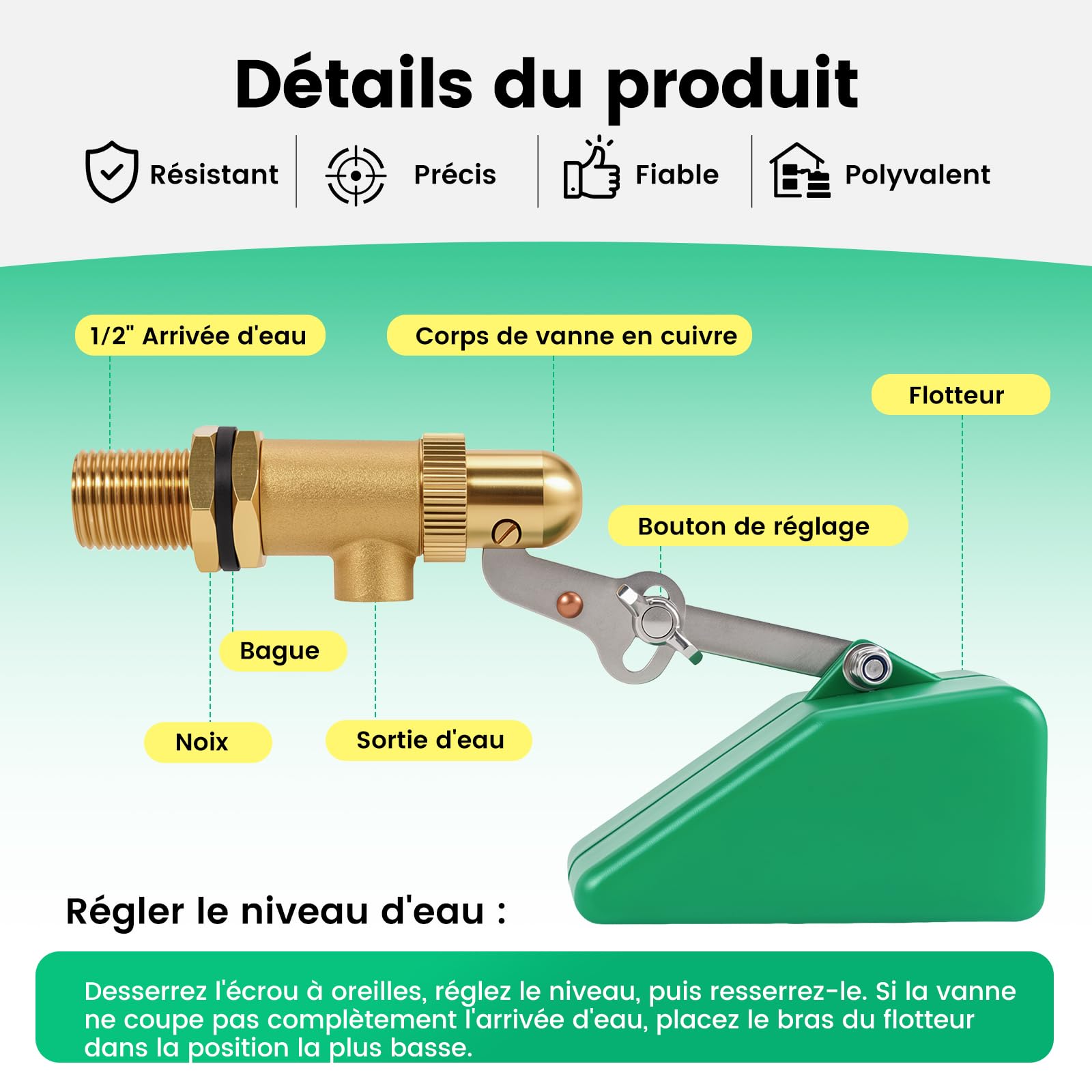 Vanne à Flotteur 1/2", Vanne En Laiton Avec Flotteur en Plastique, Vanne à Bille Flottante Avec Bras RéGlable, Remplissage Automatique, Pour Aquariums, Abreuvoirs Pour Bovins et Ovins.