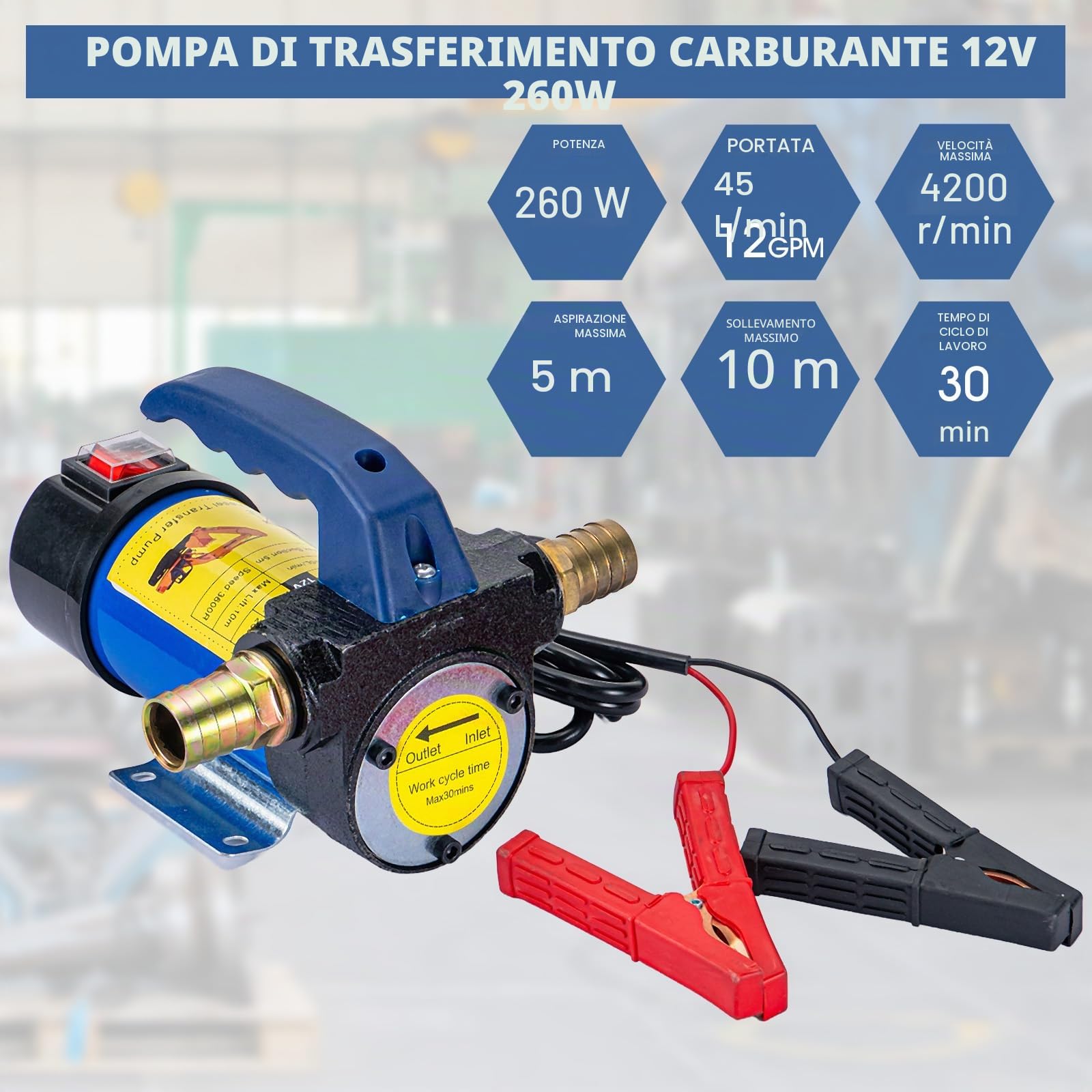 Pompa di trasferimento diesel con ugelli di spegnimento automatico 12V 260W Pompa di trasferimento del carburante elettrica Pompa di aspirazione dell'olio 45L/Min con motore in rame
