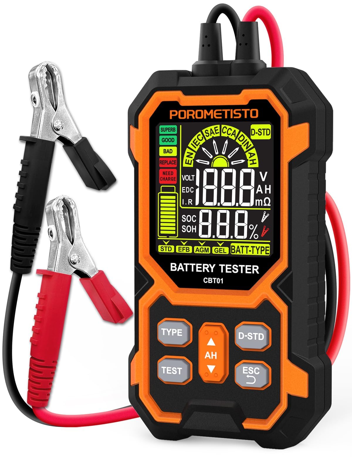 Tester Batteria Auto 12v/24v 50-1999 CCA,POROMETISTO Tester Batterie,Tester Batteria Auto per Veicoli/Auto/Moto/SUV,Può Misurare Tensione,Resistenza Interna,CCA, SOC,SOH,Per Fai Da Te e Professionisti