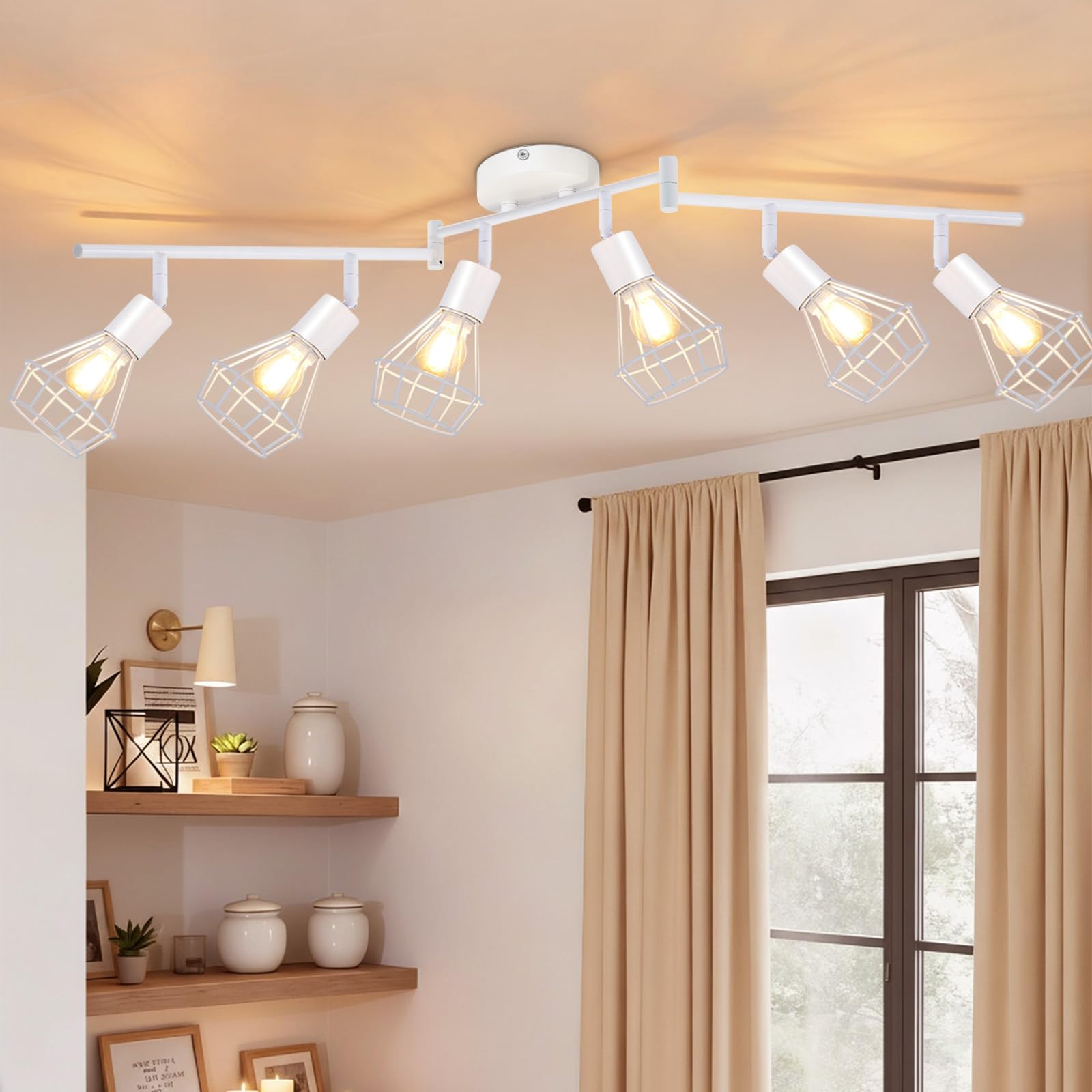 Seruno X Kitchen Ceiling Lights 6 Way Adjustable Spotlights White, Industrial Wire Cage E14 Base, Vintage Ceiling Light Fixture for Lounge, Living Room, Bedroom, Kitchen, Wall Lights No Bulbs Included