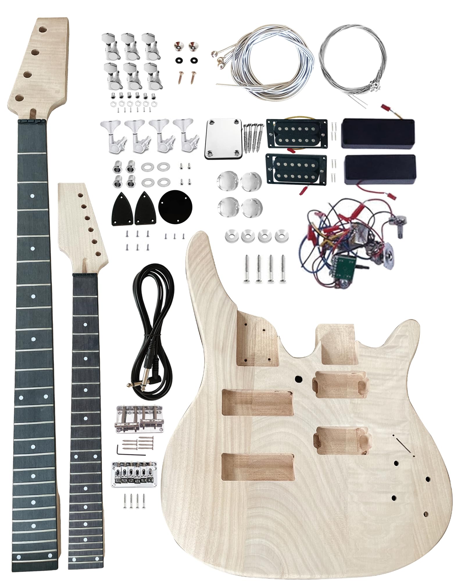 Electric Guitar and Bass Double Neck Kit 6 String and 4 String Guitar Kits Right Handed with Mahogany Body Mahogany Neck Rosewood Fingerboard Build Your Own Guitar and Bass.