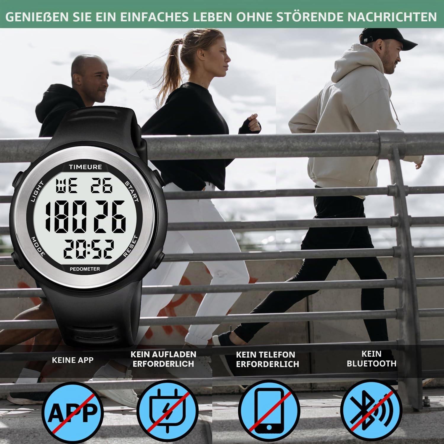 Sport Wasserdicht Schrittzähler Uhr zum Gehen Kein Aufladen Keine App Verbindung Mit EL Hintergrundbeleuchtung Einfache, Praktische Wahl Für Mobile-Free Fitness Enthusiasten TIMEURE-2308