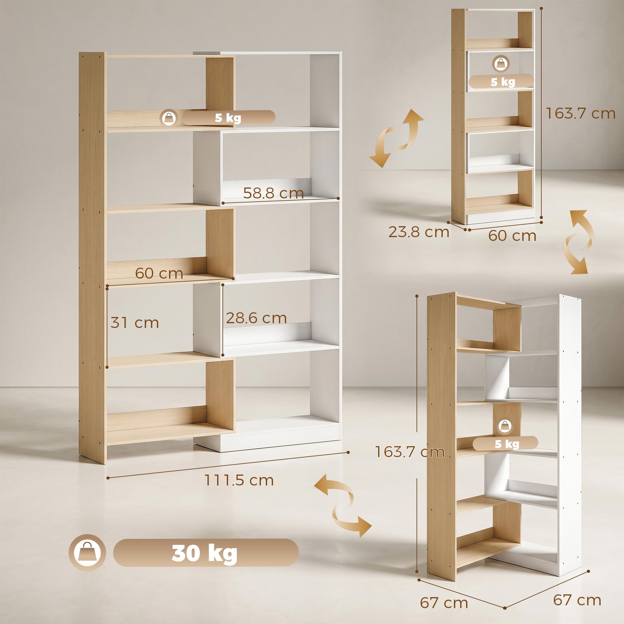 HOMCOM Libreria Scaffale a 5 Ripiani, Design Rotante a 350°, 3 Modi di Disporre, Libreria Angolare ad L Salvaspazio, Scaffale Portaoggetti per Soggiorno Ufficio, 111.5x23.8x163.7 cm Color Legno/Bianco