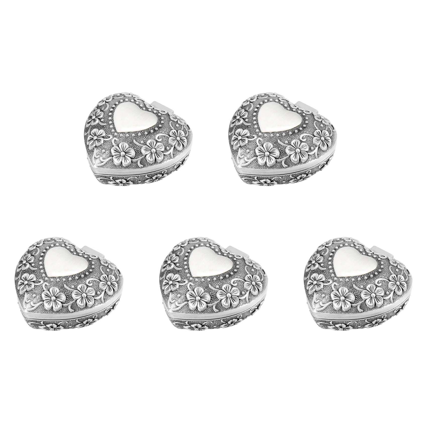 Hndhbfgrt 5X Classic Vintage Antique Heart Shape Jewelry Box Ring Small Trinket Storage Organizer Chest,Silver