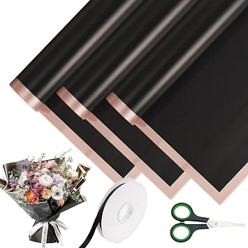 Flower Wrapping Paper, 20 Sheet Bouquet Wrapping Paper, 58cm Double Sided Bouquet Wrap Kit for Gifts Flowers and Crafts with Ribbon and Scissors for Gift Wrap DIY Arts CraftsBlack
