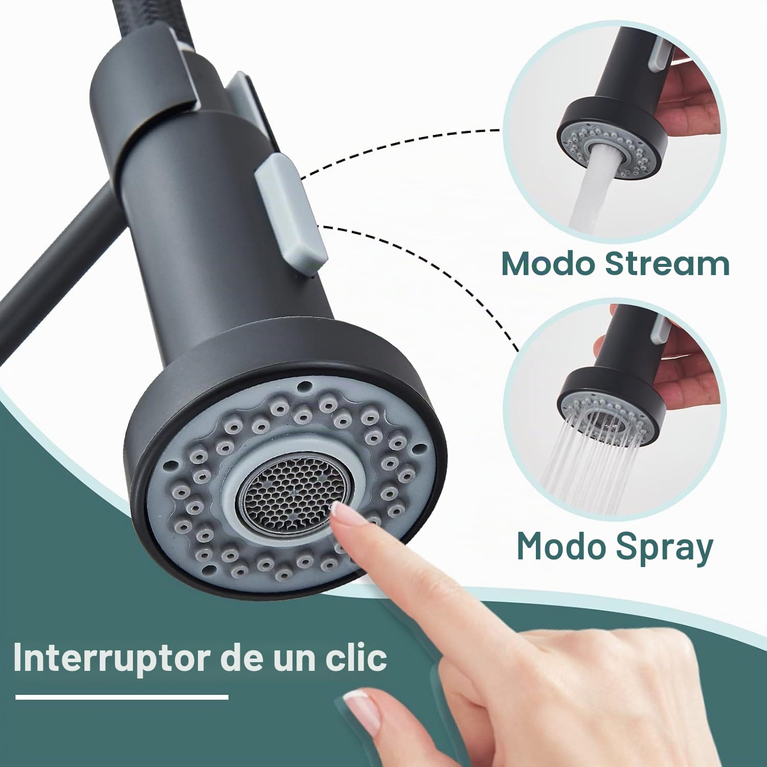 Grifo de cocina negro con pulverizador dual giratorio 360°, grifo de cocina con grifo de ducha retráctil
