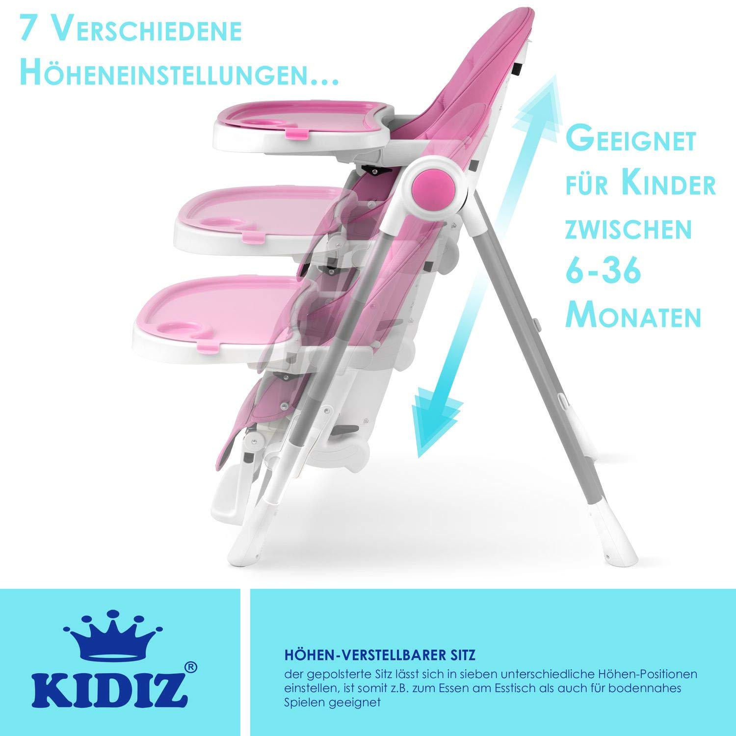 KIDIZ® 3 in 1 Seggiolone Seggiolone per bambini con barra dei giochi, Lettino per bambini, Seggiolone combinato Seggiolone per bambini, Schienale regolabile in 7 diverse altezze, Rosa