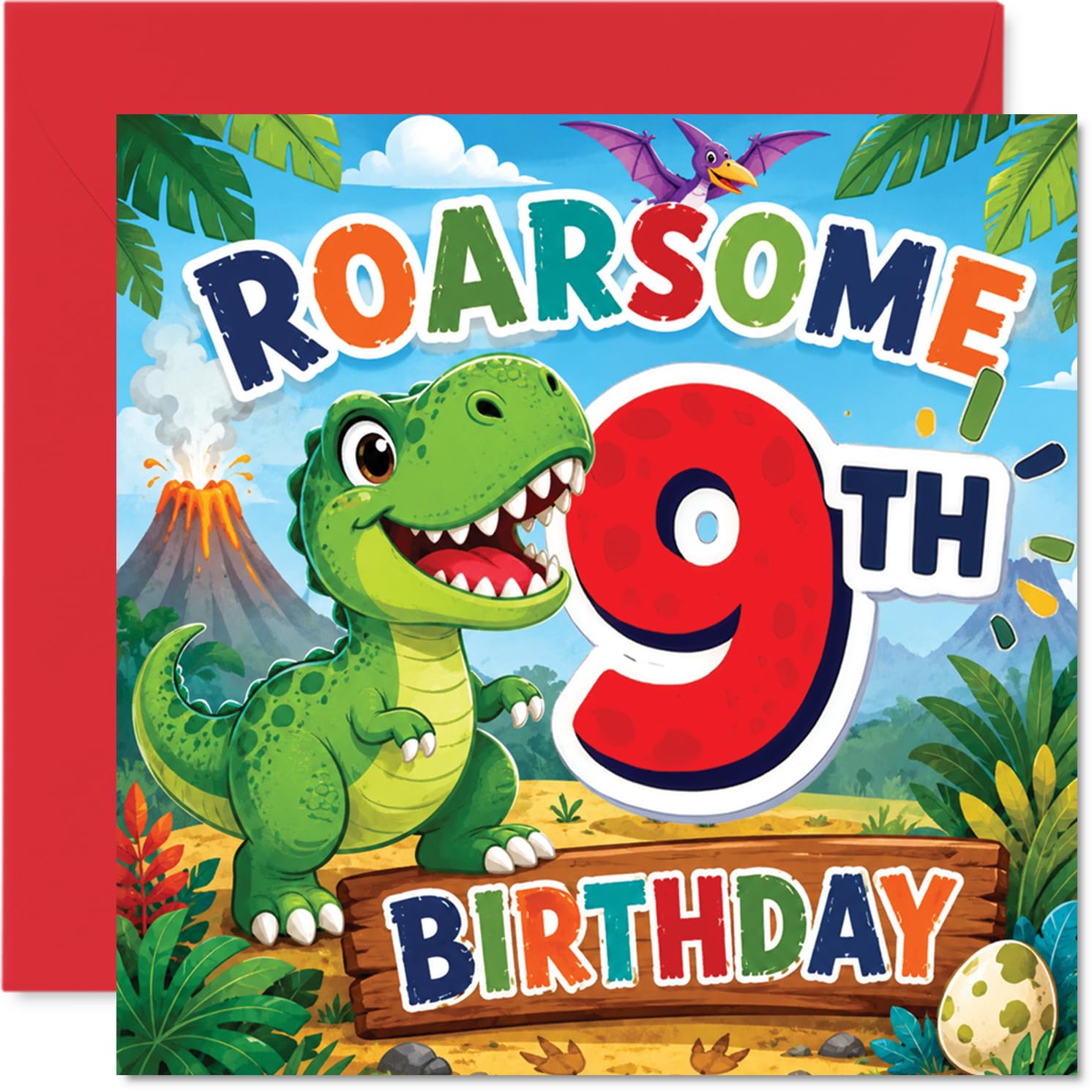 Playful 9th Birthday Card - Roarsome Fun for Turning Nine - Cheery T-rex, Jungle, and Volcano Cartoon - A Dino-mite Way to Celebrate - 145mm Square, Envelope Included