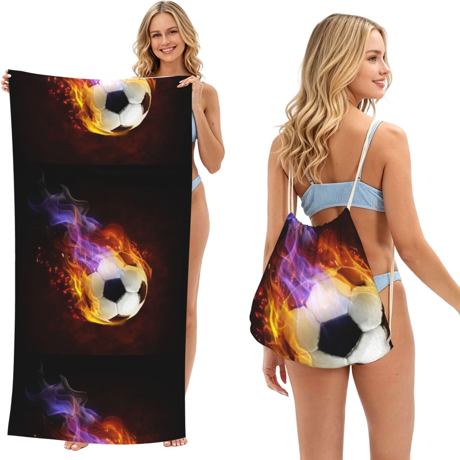 Poadnly As Picture Fire Football, 2 In 1 Packable Towel Bag, Beach Towels With Drawstring Backpack For Travel Holiday Camping