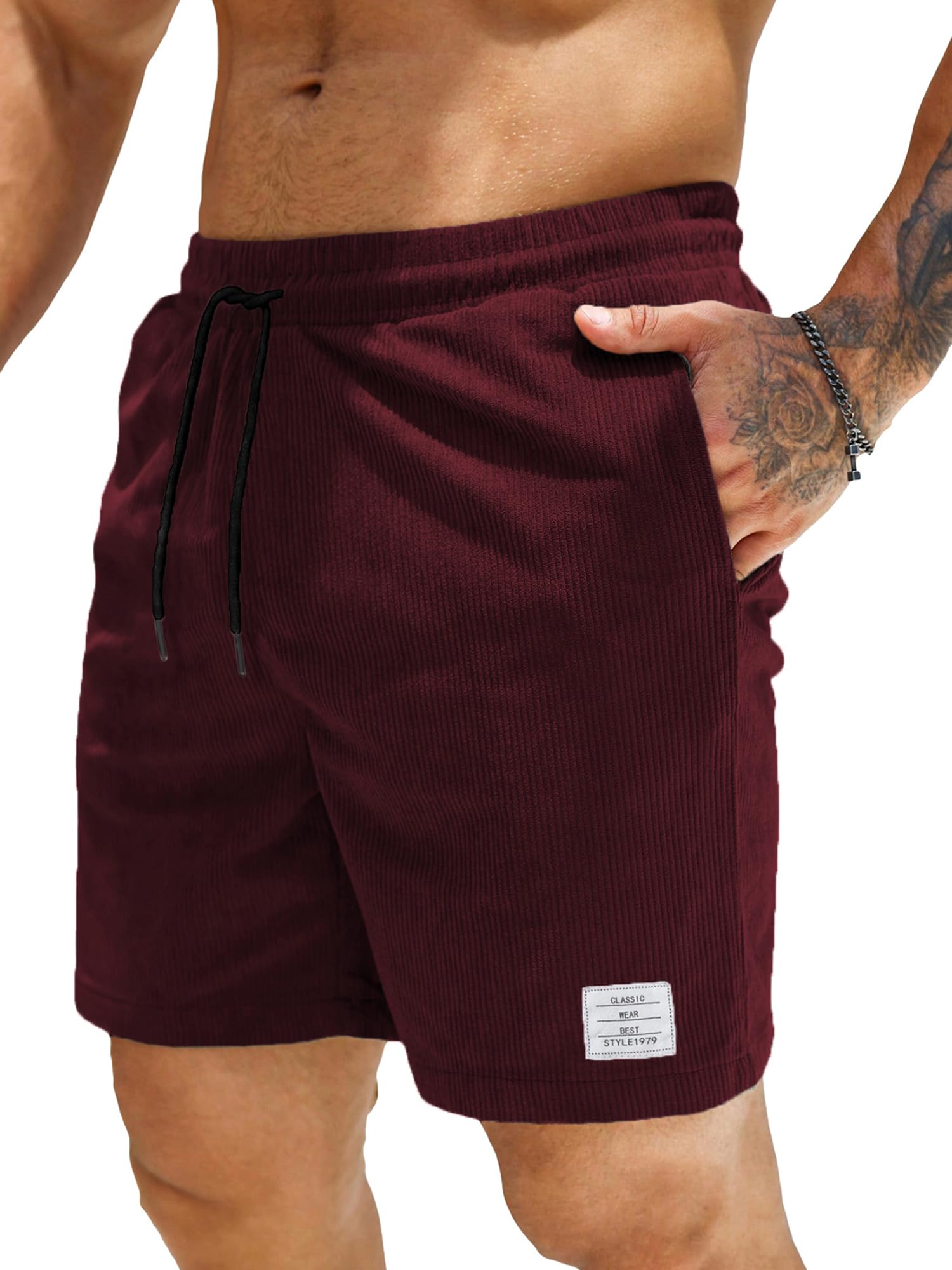 JMIERR Corduroy Shorts Herren Sommer Freizeit Leinen Stretch Baumwolle Elastische Taille mit Taschen