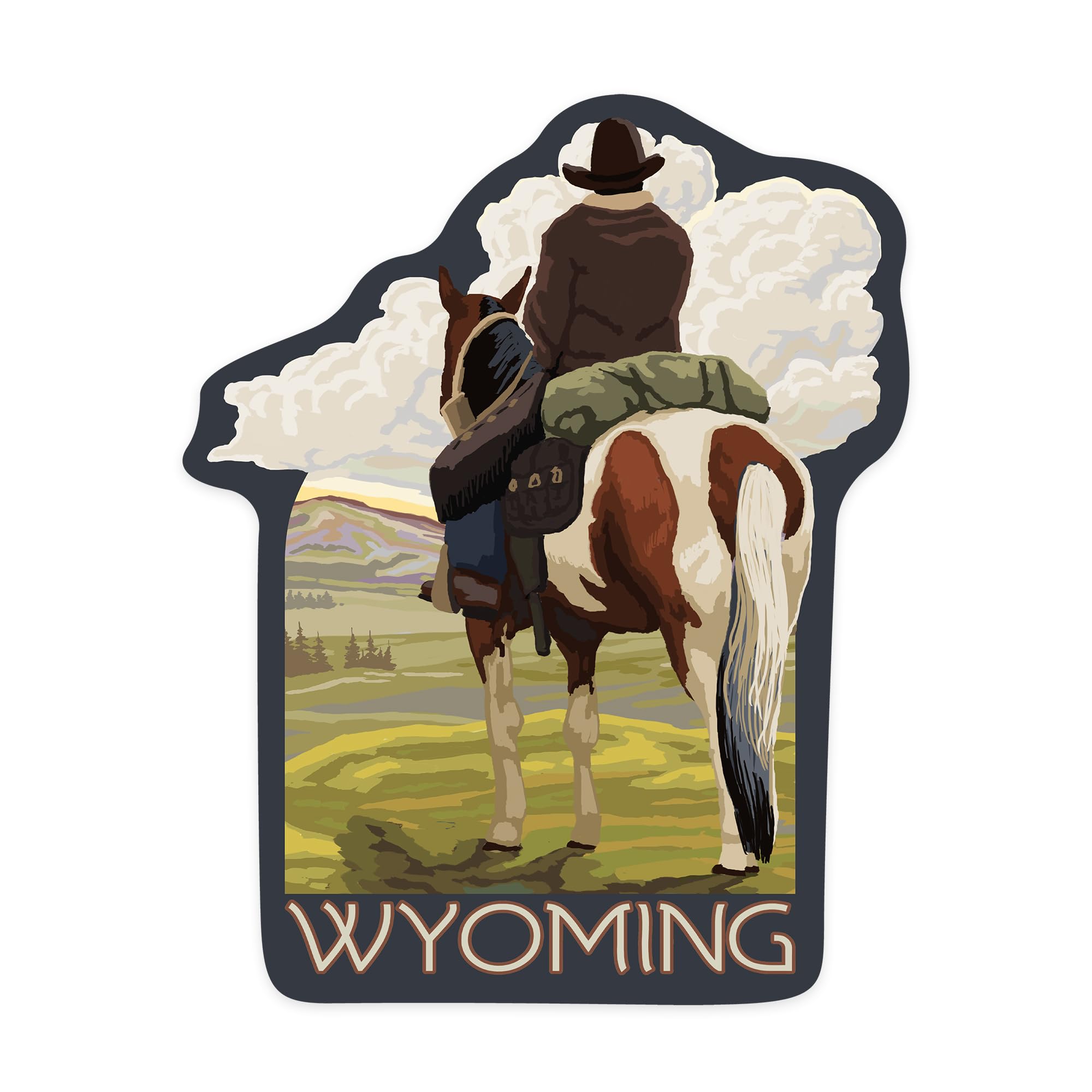 Lantern Press Sticker Wyoming, Cowboy and Horse, Facing Horizon, Die Cut Vinyl, (Waterproof Decal for Cars, Water Bottles, Laptops, Coolers), Small