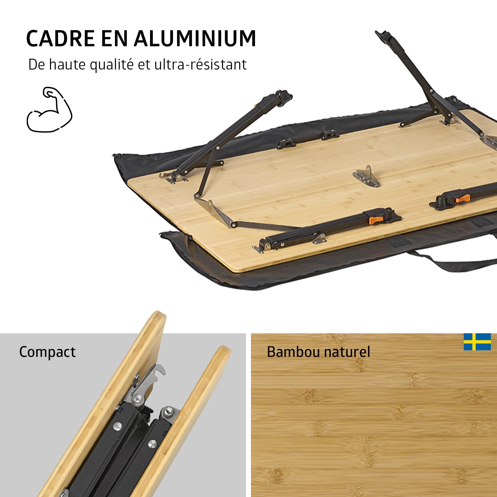 Campout Table de Camping Pliante 120 x 70 x 70 cm – Table Pliante Extérieur Réglable pour 6 Personnes – Poignée Intégrée – Bambou