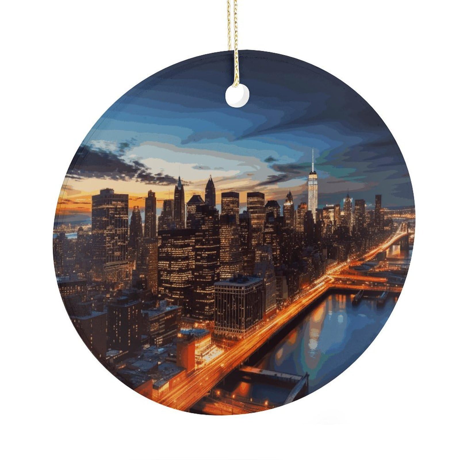 Fekiloot Style New York City Scenery Christmas Ornaments 2.9 Inch Round Ceramic Ornament Keepsake Thank You Gifts For Office, Room, Home - Holiday Present Ideas