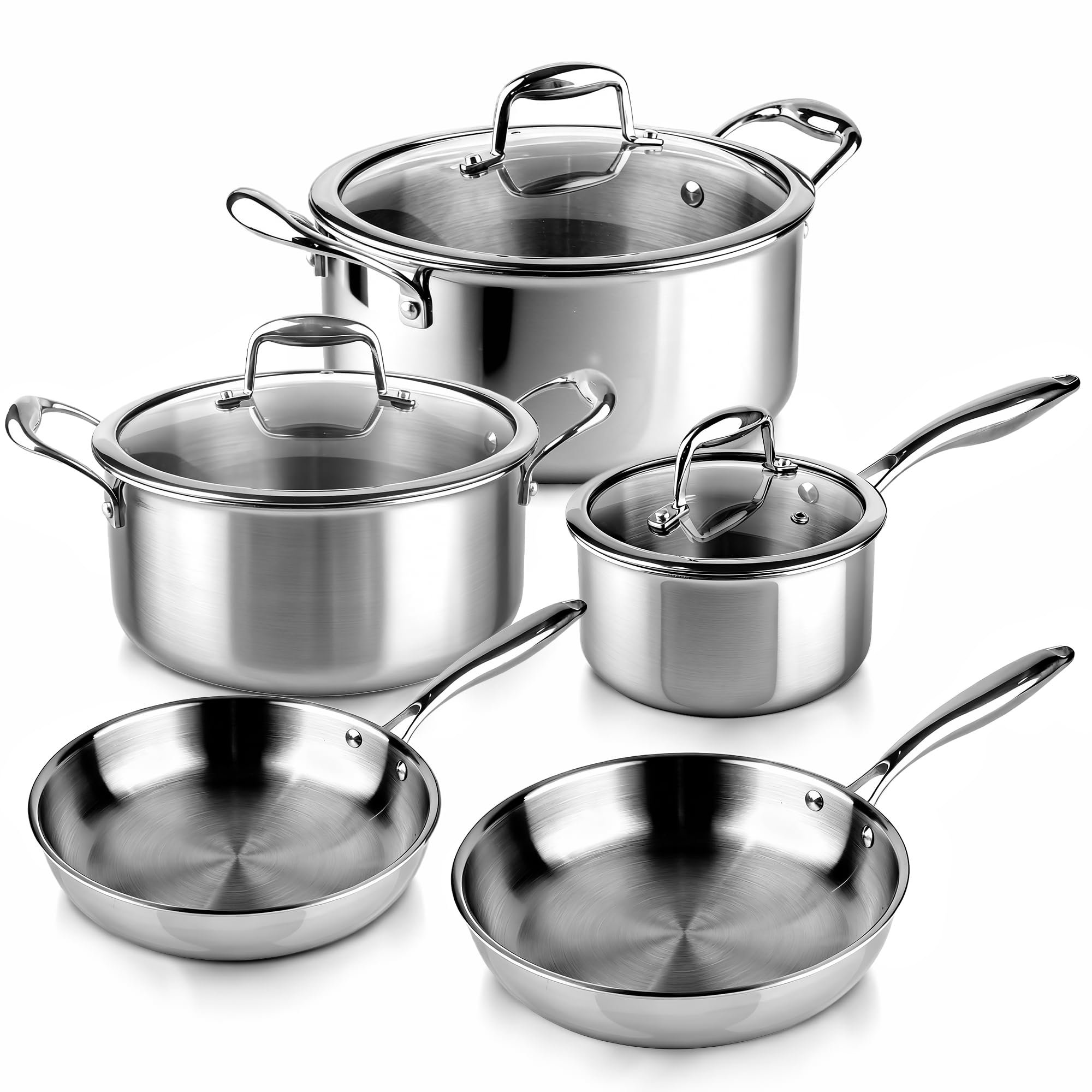 La Moustache - Batería de Cocina de Acero Inoxidable 8 Piezas con Tapas de Vidrio (Ø16/20/24 cm) - Juego de Ollas y Sartenes para Inducción, Sin Recubrimientos, Apta Lavavajillas (Titan Inox)
