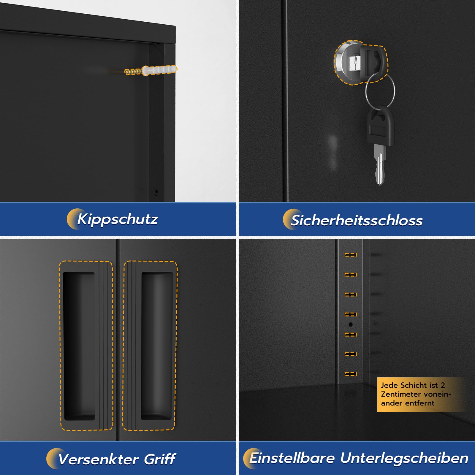 YOUDENOVA Aktenschrank, 90 x 90 x 40 Metallschrank abschließbar mit 2 Türen, Mehrzweckschrank mit 3 Ebenen, verstellbare Ablagen, Werkzeugschrank für Büros, Ateliers und Garagen, Schwarz